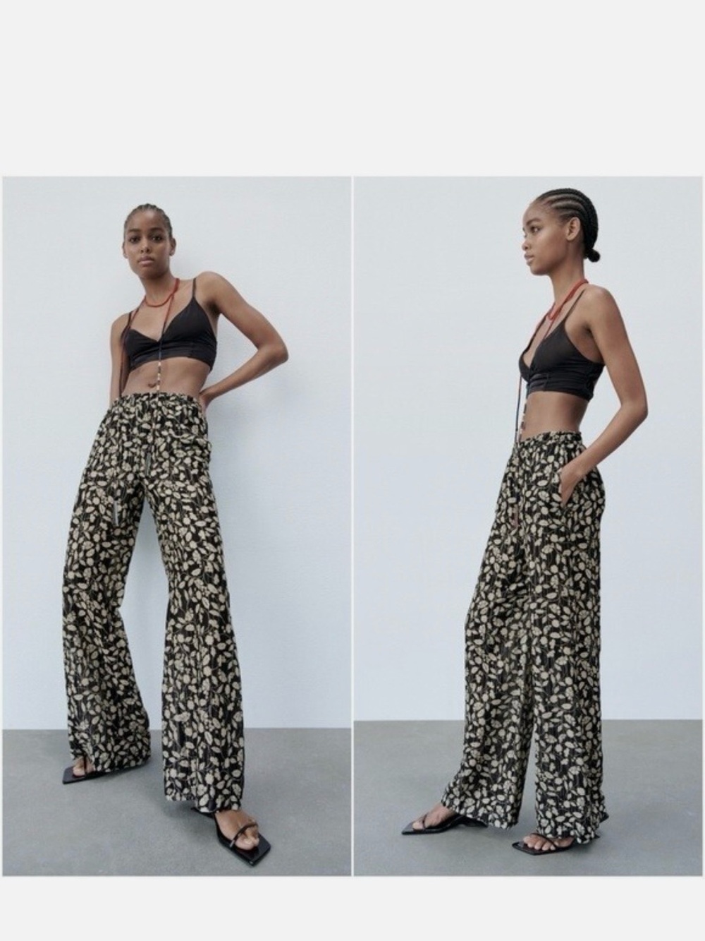 NWT ZARA Full Length Print Pants With Metallic Thread Size M